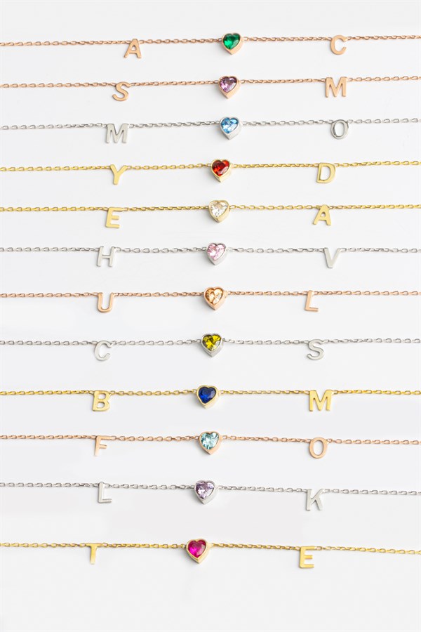 Gümüş Kalp Taşlı Harf Kolye