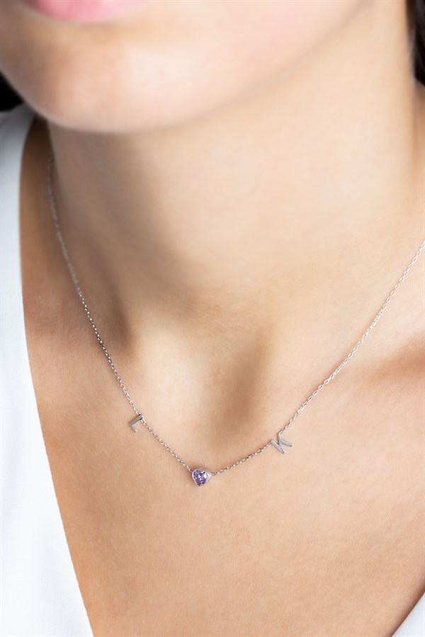 Gümüş Kalp Taşlı Harf Kolye