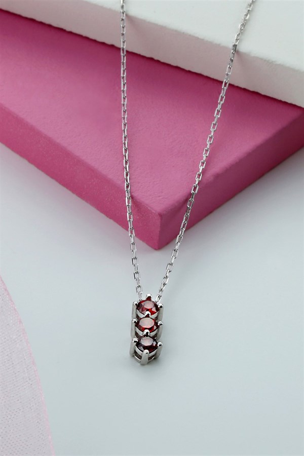 Gümüş Kırmızı Taşlı Kolye