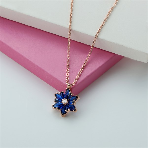 Gümüş Lacivert Taşlı Lotus Çiçeği Kolye Yüzük Mini Set