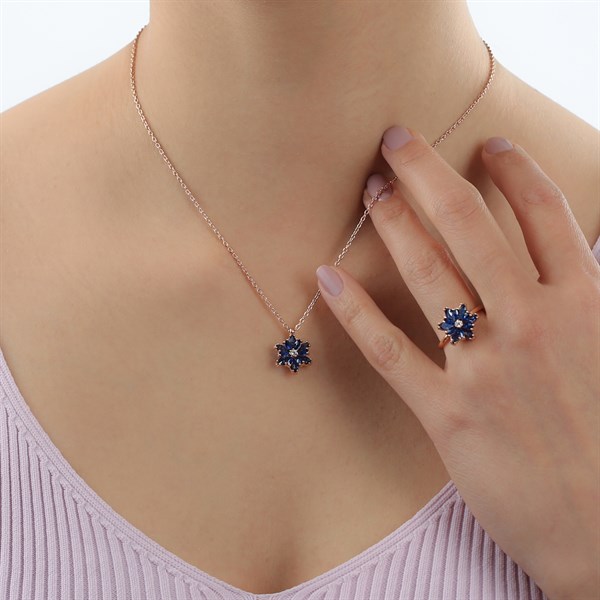 Gümüş Lacivert Taşlı Lotus Çiçeği Kolye Yüzük Mini Set