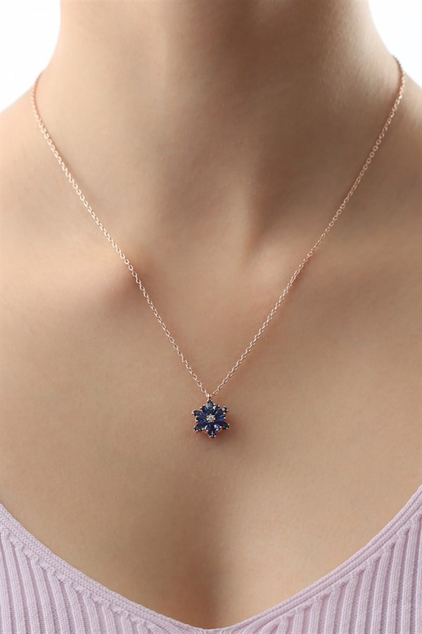 Gümüş Mavi Taşlı Lotus Kamelya Çiçeği Kolye