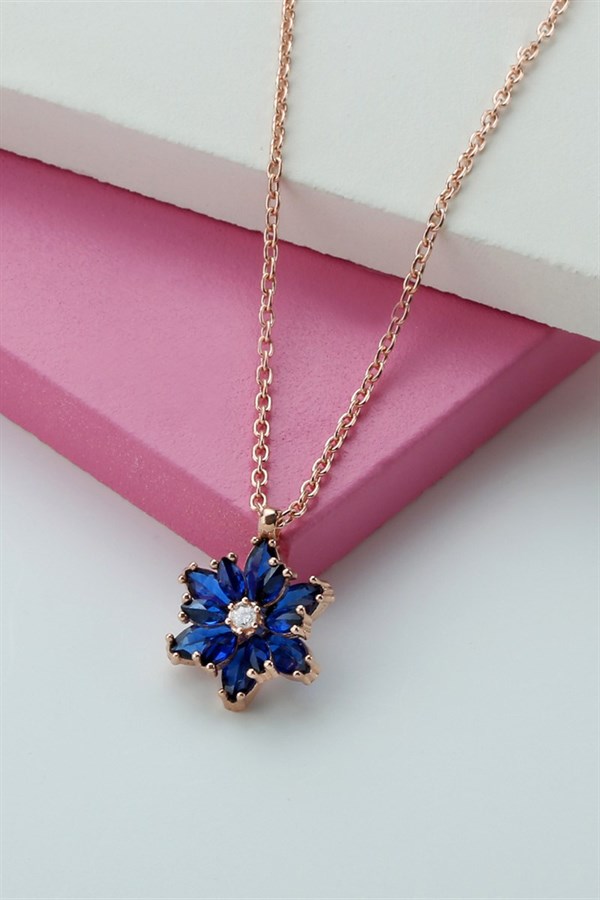 Gümüş Mavi Taşlı Lotus Kamelya Çiçeği Kolye
