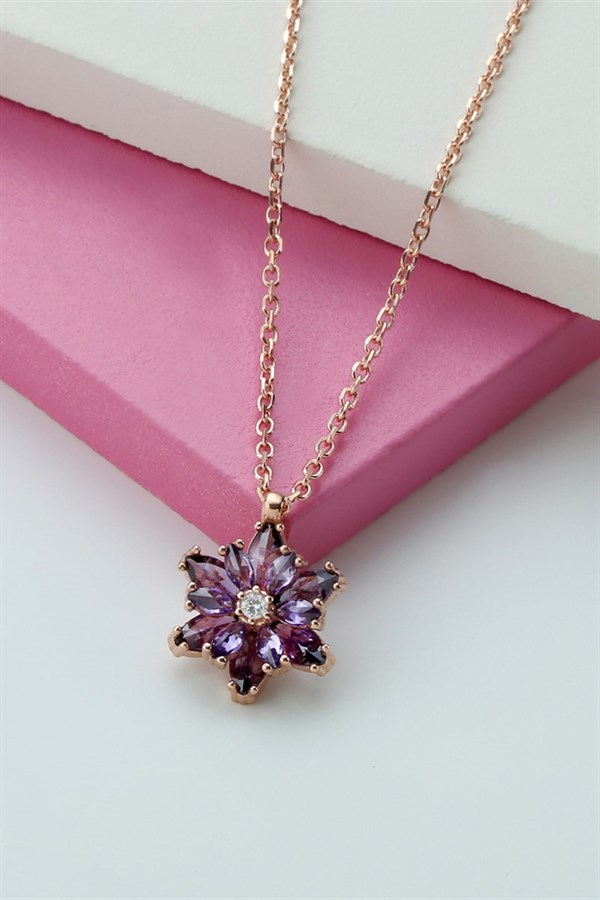 Gümüş Mor Taşlı Lotus, Kamelya Çiçeği Kolye