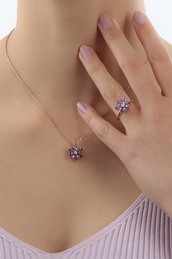 Gümüş Mor Taşlı Lotus, Kamelya Çiçeği Kolye