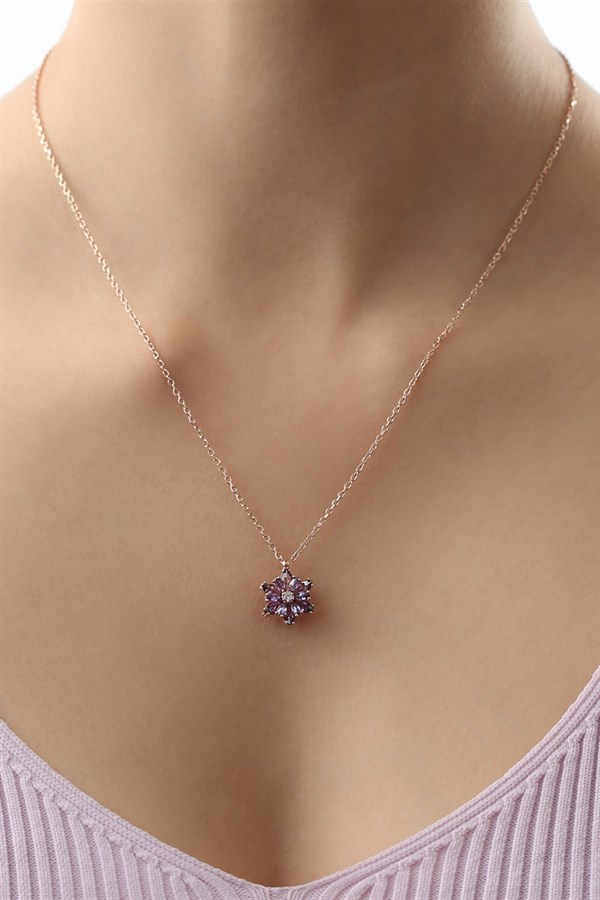 Gümüş Mor Taşlı Lotus, Kamelya Çiçeği Kolye