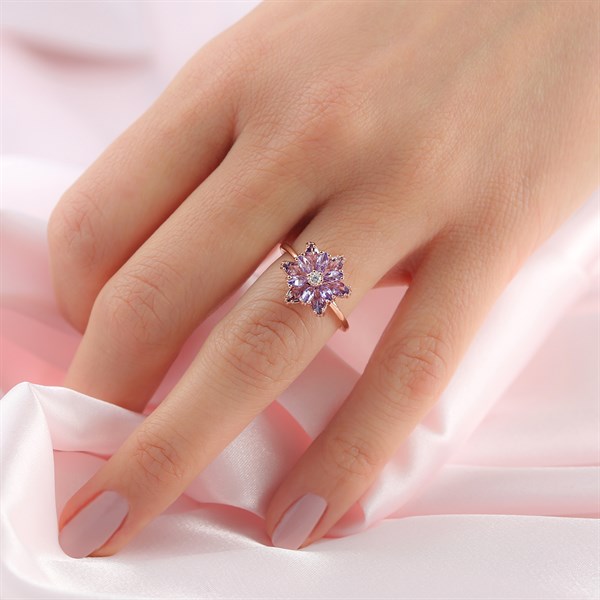 Gümüş Mor Taşlı Lotus Çiçeği Kolye Yüzük Mini Set