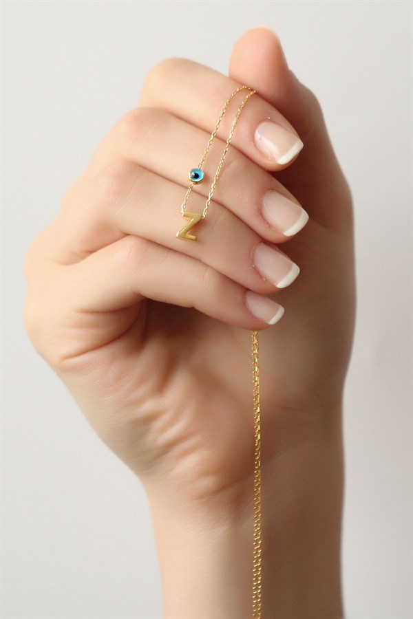 Gümüş Nazar Boncuklu Harf Kolye