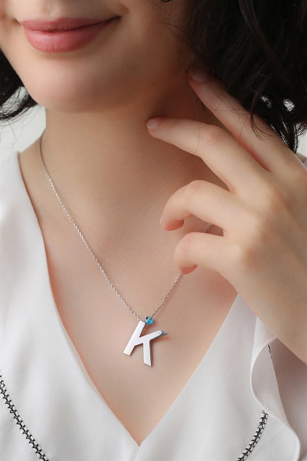 Gümüş Nazar Boncuklu Harf Kolye