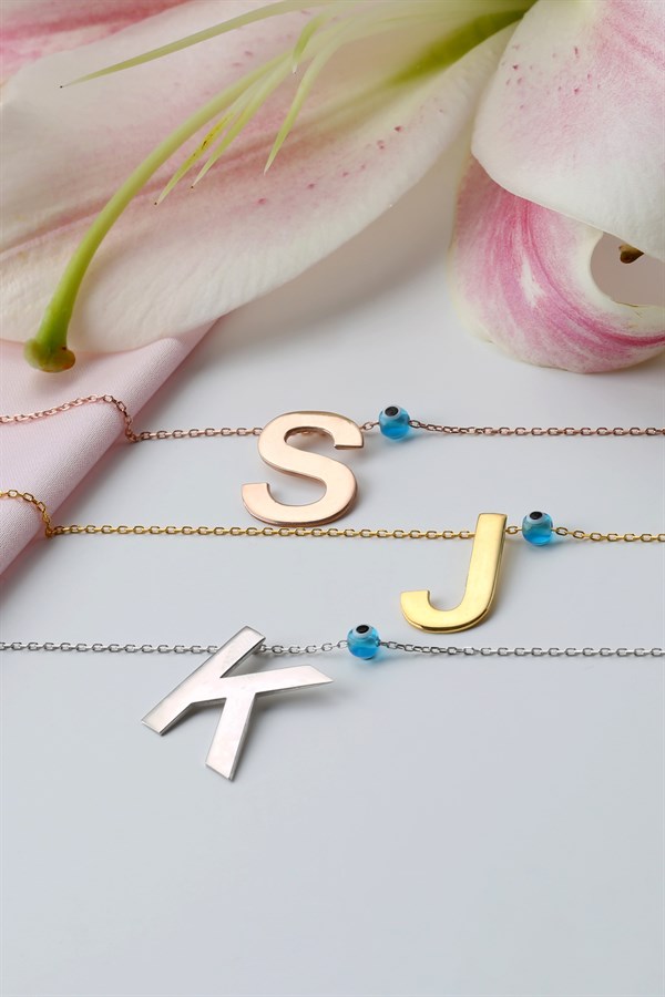 Gümüş Nazar Boncuklu Harf Kolye