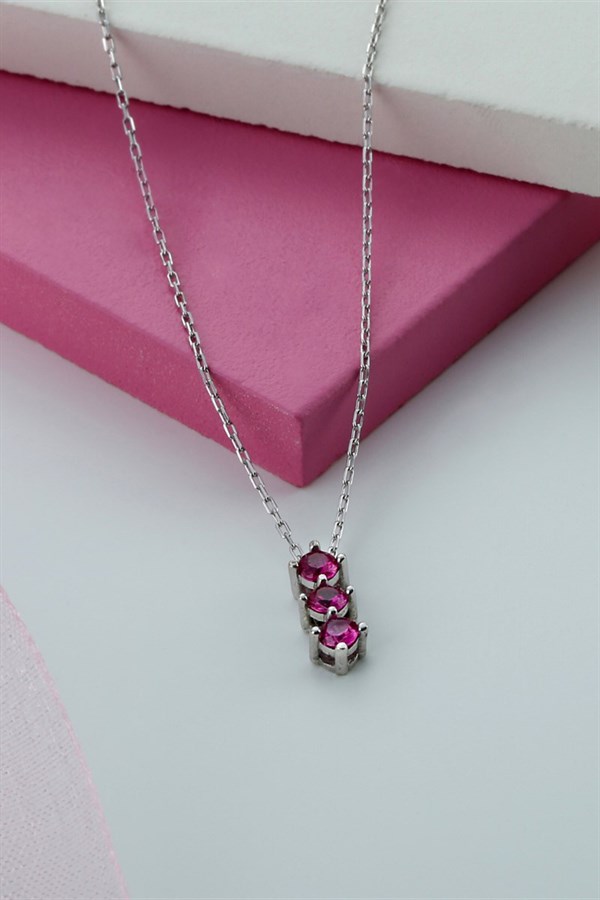 Gümüş Pembe Taşlı Kolye