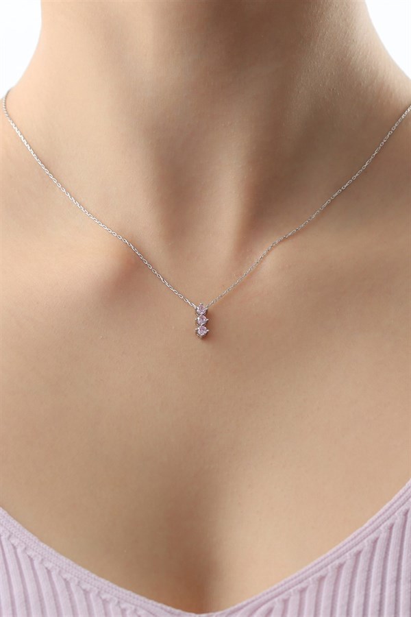 Gümüş Pembe Taşlı Kolye