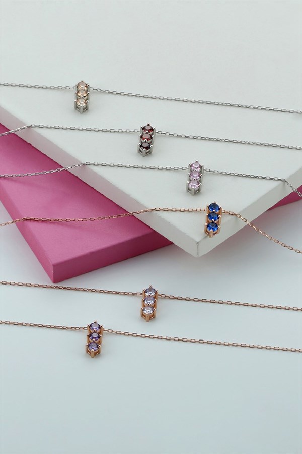 Gümüş Pembe Taşlı Kolye