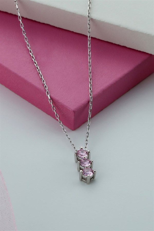 Gümüş Pembe Taşlı Kolye