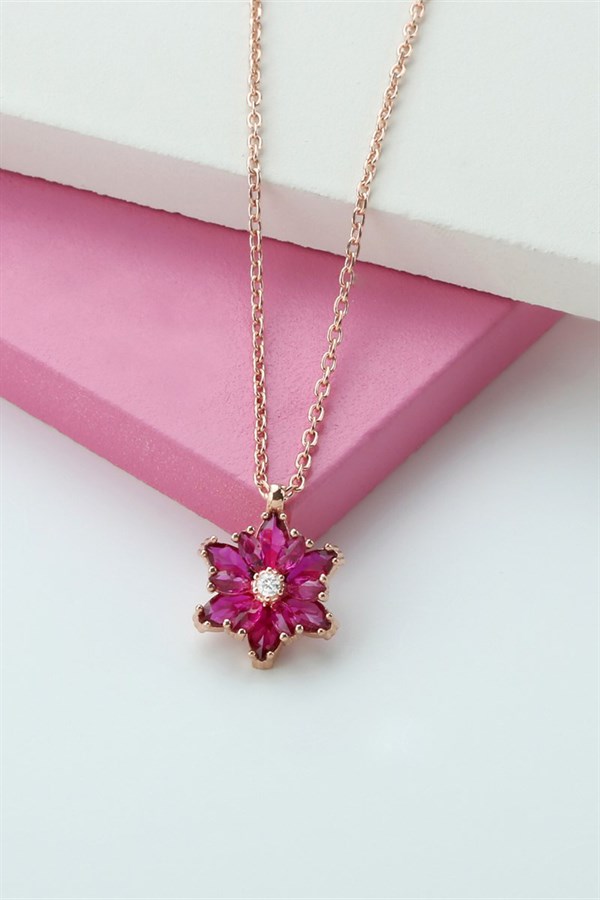 Gümüş Pembe Taşlı Lotus Kamelya Çiçeği Kolye