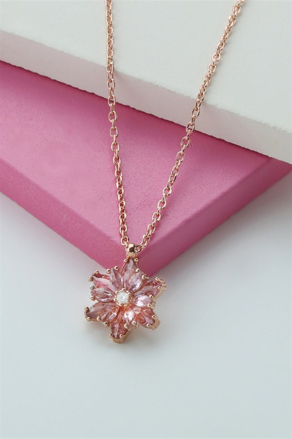Gümüş Pembe Taşlı Lotus Kamelya Çiçeği Kolye
