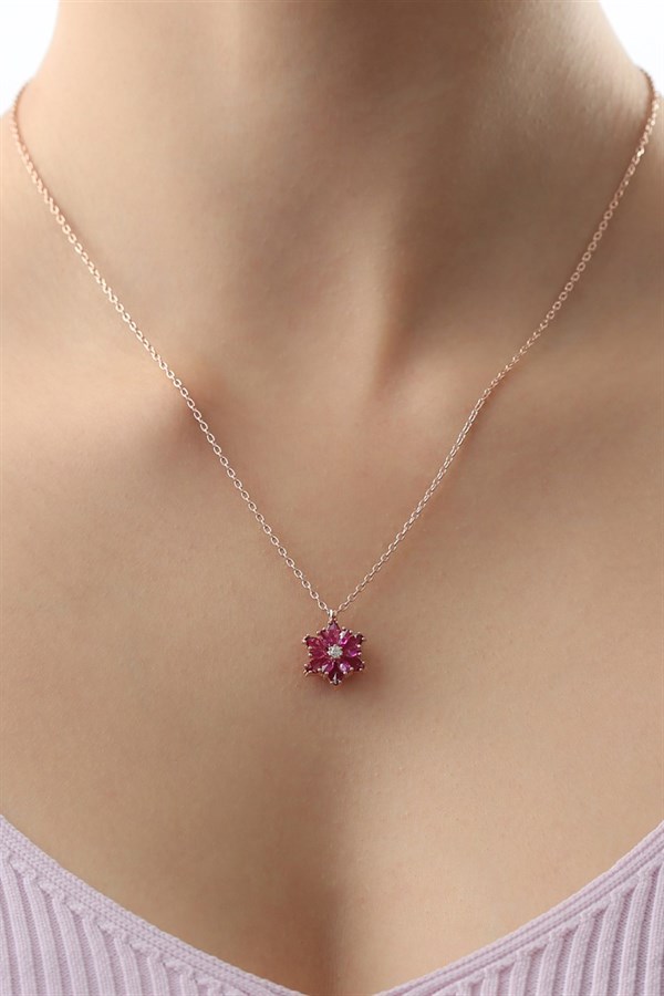 Gümüş Pembe Taşlı Lotus Kamelya Çiçeği Kolye