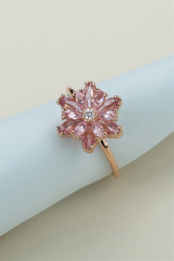 Gümüş Pembe Taşlı Lotus Çiçeği Kolye Yüzük Mini Set