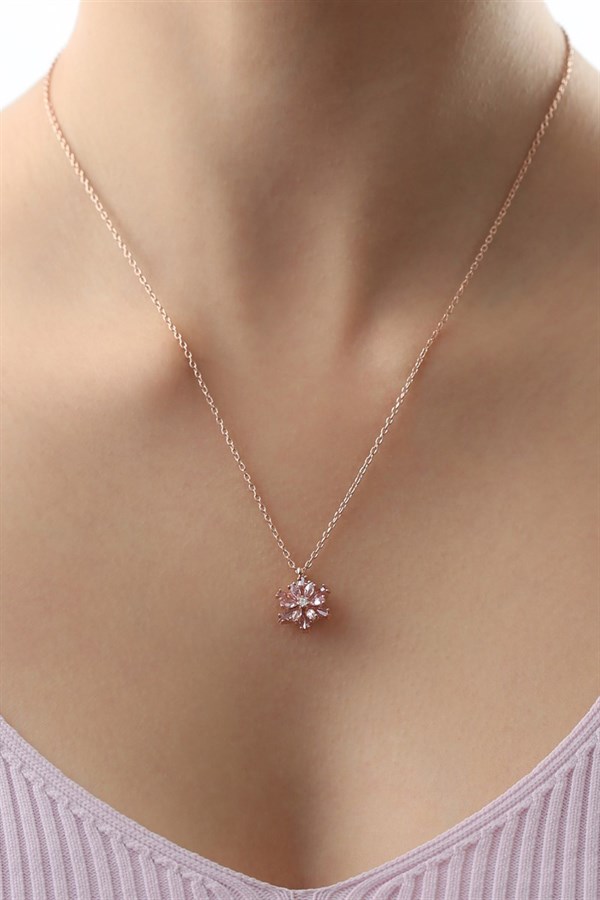 Gümüş Pembe Taşlı Lotus Çiçeği Kolye Yüzük Mini Set