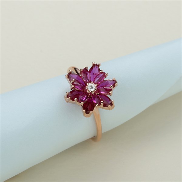 Gümüş Pembe Taşlı Lotus Çiçeği Kolye Yüzük Mini Set