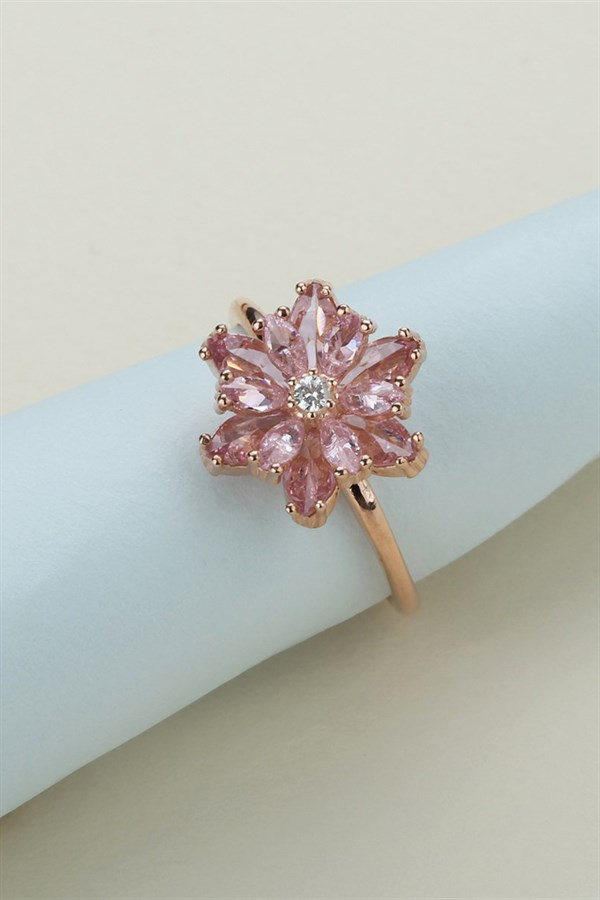 Gümüş Pembe Taşlı Lotus Kamelya Çiçeği Yüzük