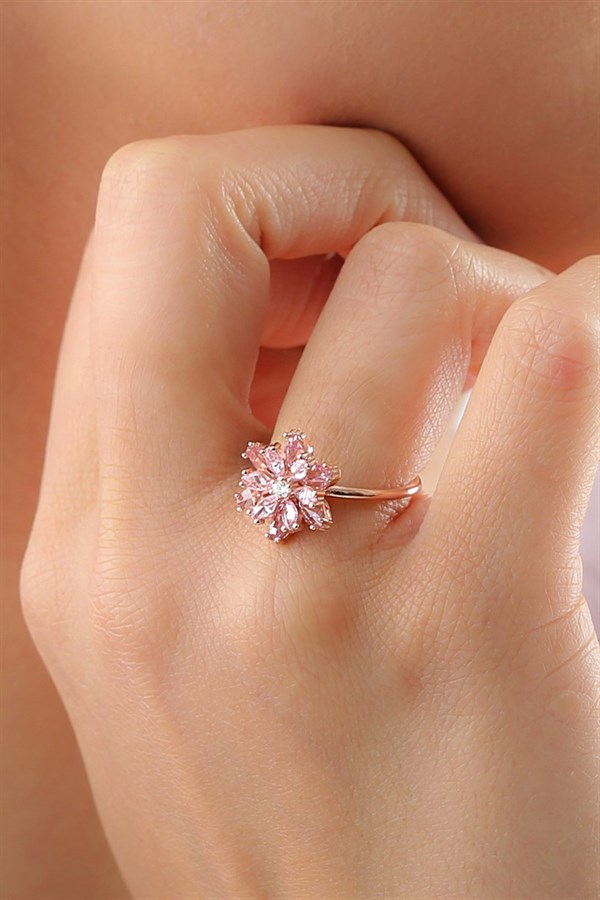 Gümüş Pembe Taşlı Lotus Kamelya Çiçeği Yüzük