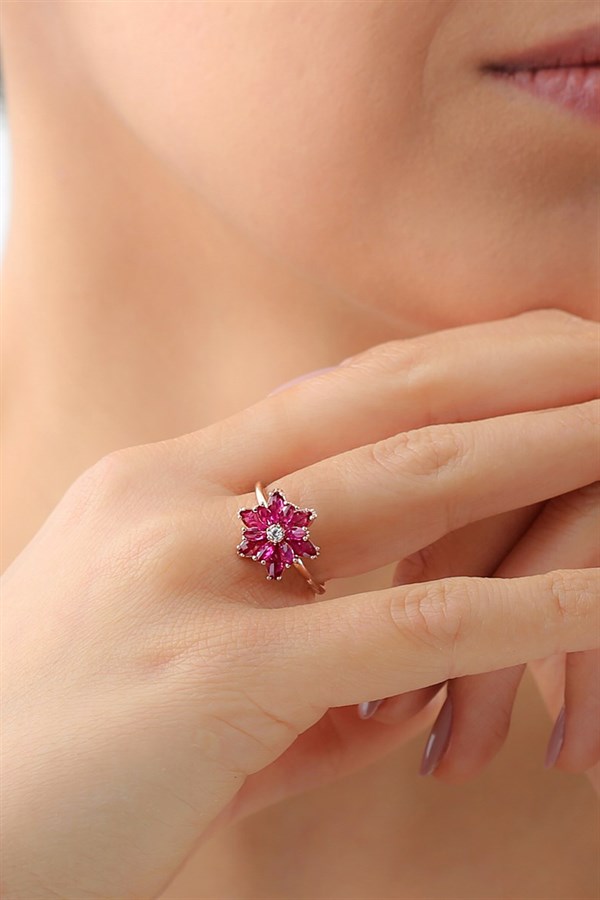 Gümüş Pembe Taşlı Lotus Kamelya Çiçeği Yüzük
