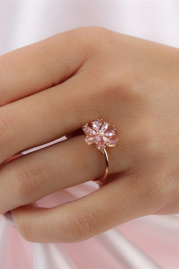 Gümüş Pembe Taşlı Lotus Kamelya Çiçeği Yüzük