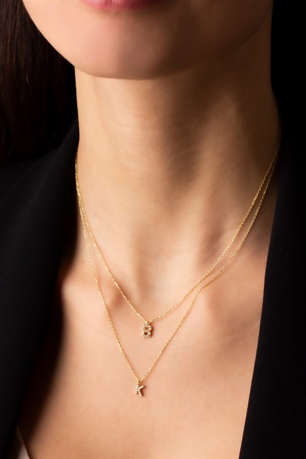 Gümüş Taşlı Çift Zincirli Harf Kolye