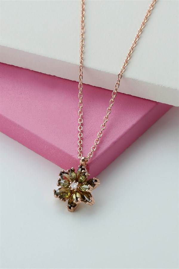 Gümüş Yeşil Taşlı Lotus Kamelya Çiçeği Kolye