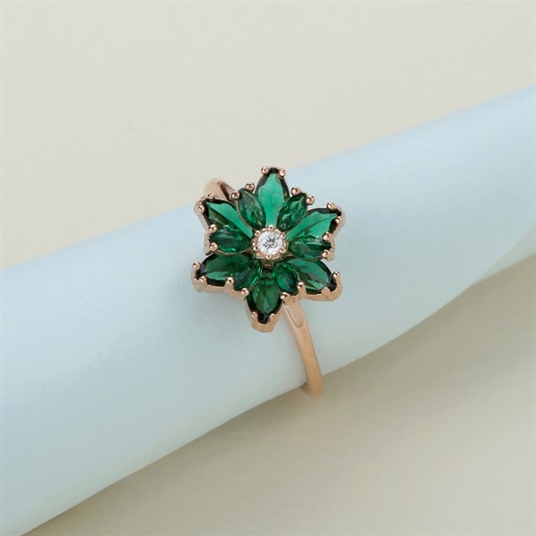 Gümüş Yeşil Taşlı Lotus Çiçeği Kolye Yüzük Mini Set