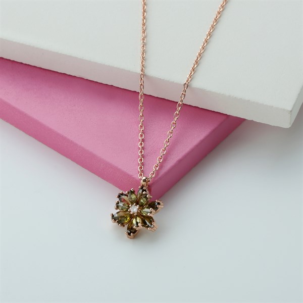 Gümüş Yeşil Taşlı Lotus Çiçeği Kolye Yüzük Mini Set