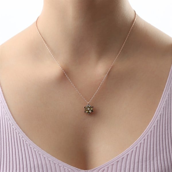 Gümüş Yeşil Taşlı Lotus Çiçeği Kolye Yüzük Mini Set