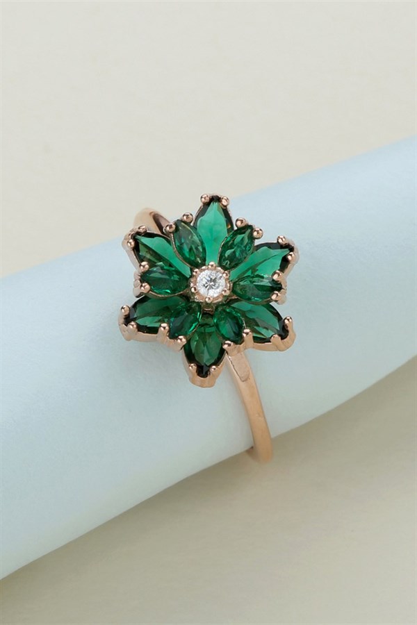 Gümüş Yeşil Taşlı Lotus Kamelya Çiçeği Yüzük