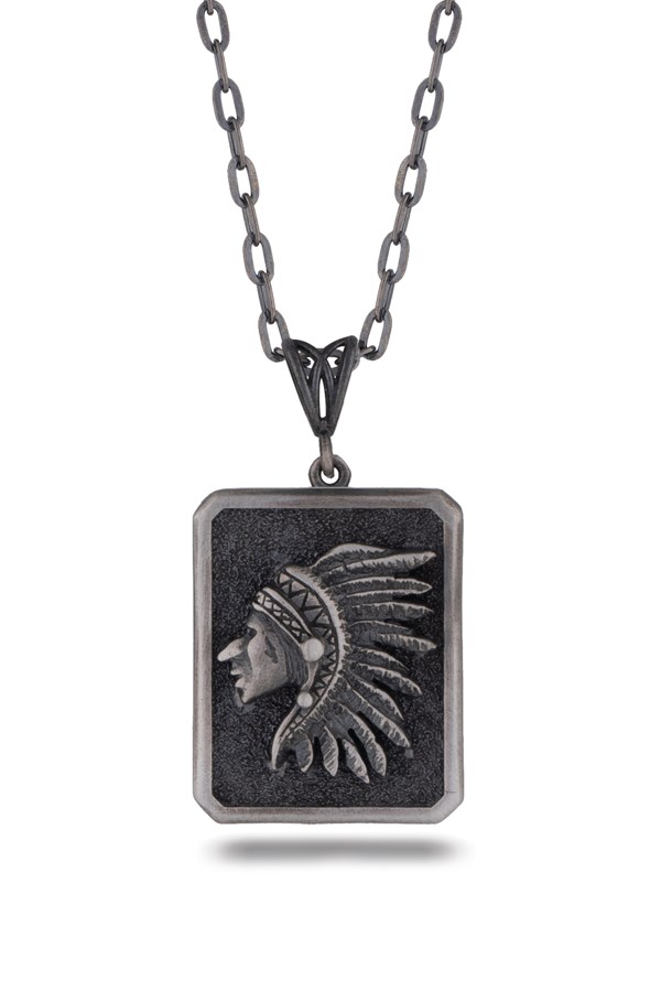 Gümüş Kızılderili Şef Figürlü Erkek Kolye