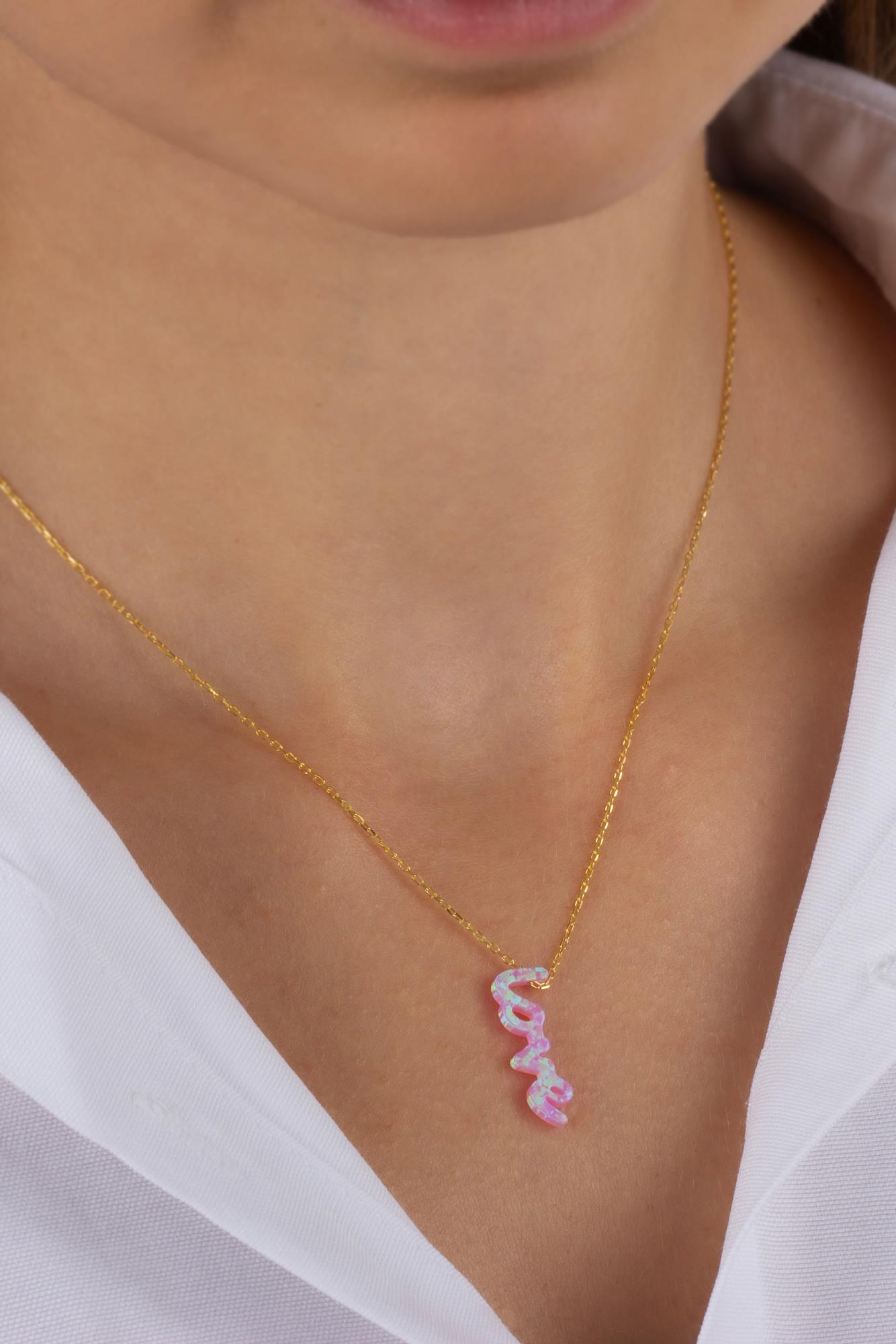 Kadın 925 Ayar Gümüş Opal Taşlı Love Kolye