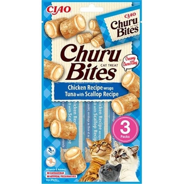 CIAO Churu Bites Tavuk Sargılı, Deniz Taraklı ve Ton Balıklı Ödül Maması 10gr (3'lü)