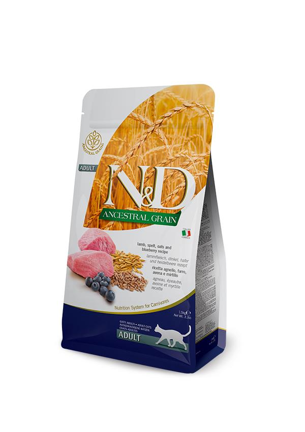 N&D Ancestral Grain Kuzu Etli ve Yaban Mersinli Ata Tahıllı Yetişkin Kedi Maması 5 Kg