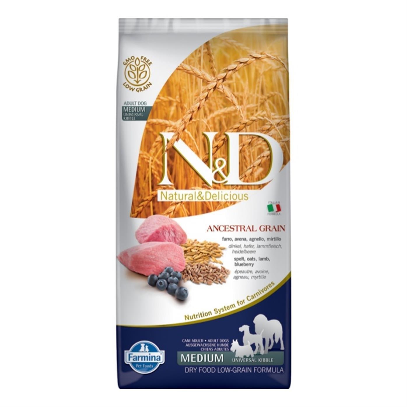 N&D Ancestral Kuzu Etli ve Yaban Mersinli Orta ve Büyük Irk Ata Tahıllı Yetişkin Köpek Maması 12 Kg
