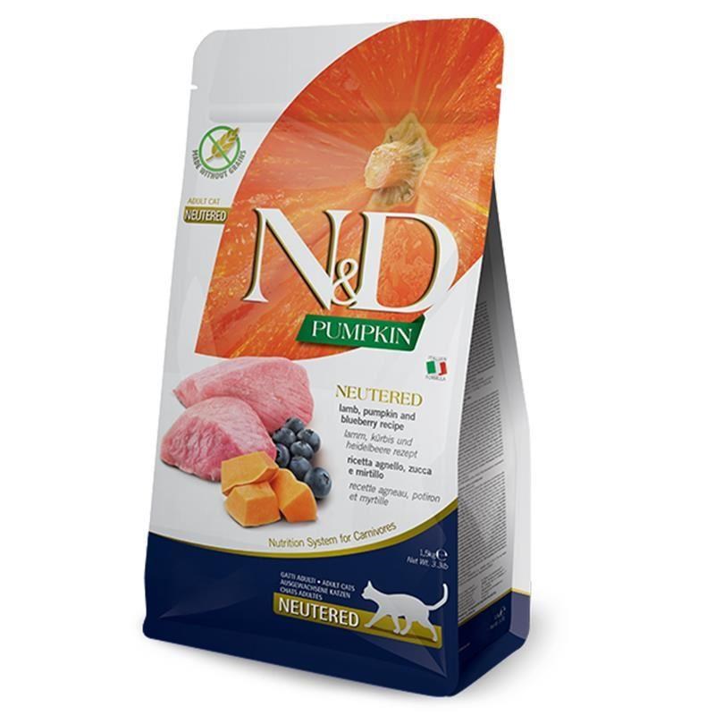 N&D Pumpkin Kuzu Etli Bal Kabaklı ve Yaban Mersinli Tahılsız Kısırlaştırılmış Kedi Maması 1,5 Kg