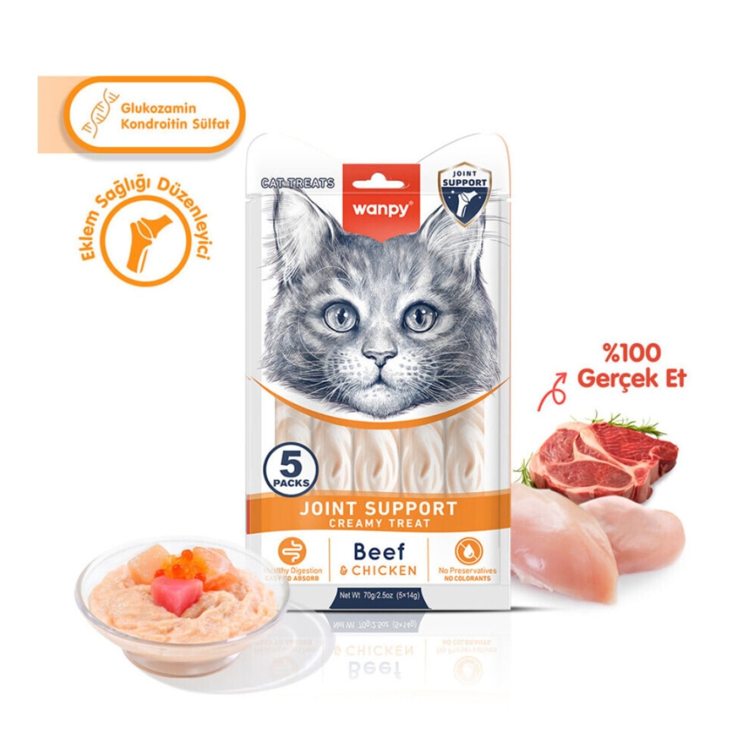 Wanpy Joint Support Sığır Etli ve Tavuklu Eklem Desteği Krema Kedi Ödül Maması 14 Gr (5'li)