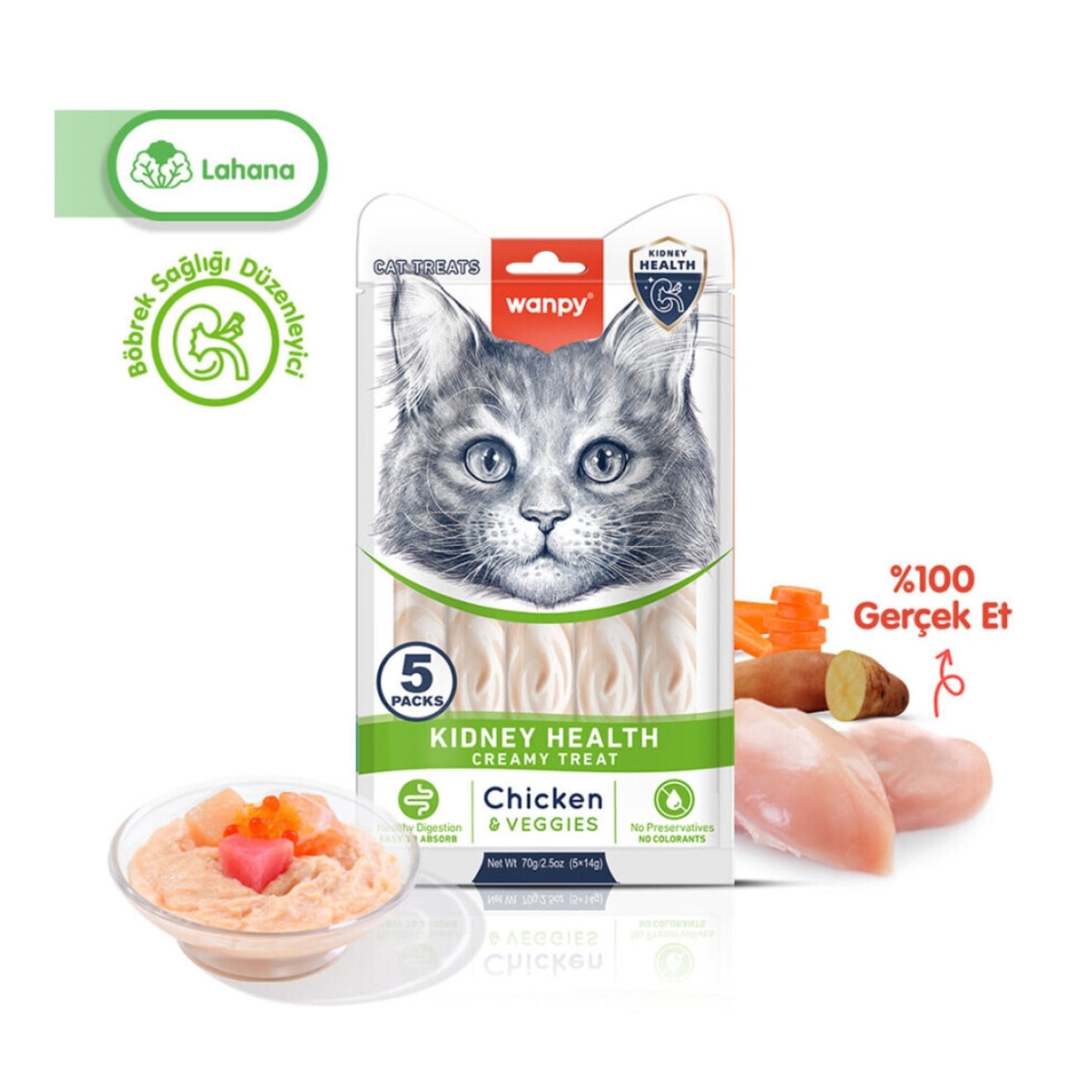 Wanpy Kidney Health Tavuklu ve Sebzeli Böbrek Sağlığı Desteği Krema Kedi Ödül Maması 14 Gr (5'li)
