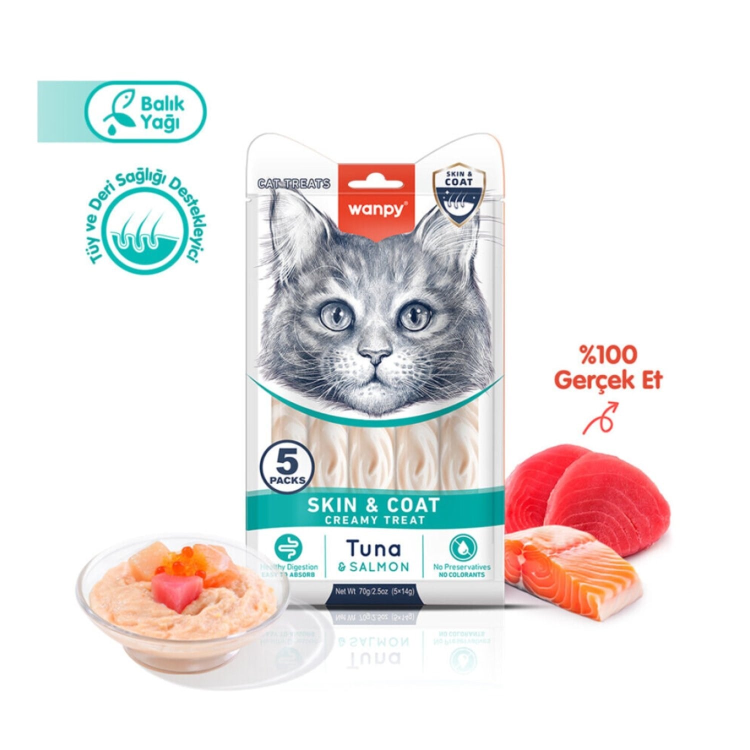 Wanpy Skin&Coat Ton Balıklı ve Somonlu Tüy Sağlığı Destekleyici Krema Kedi Ödül Maması 14 Gr (5'li)
