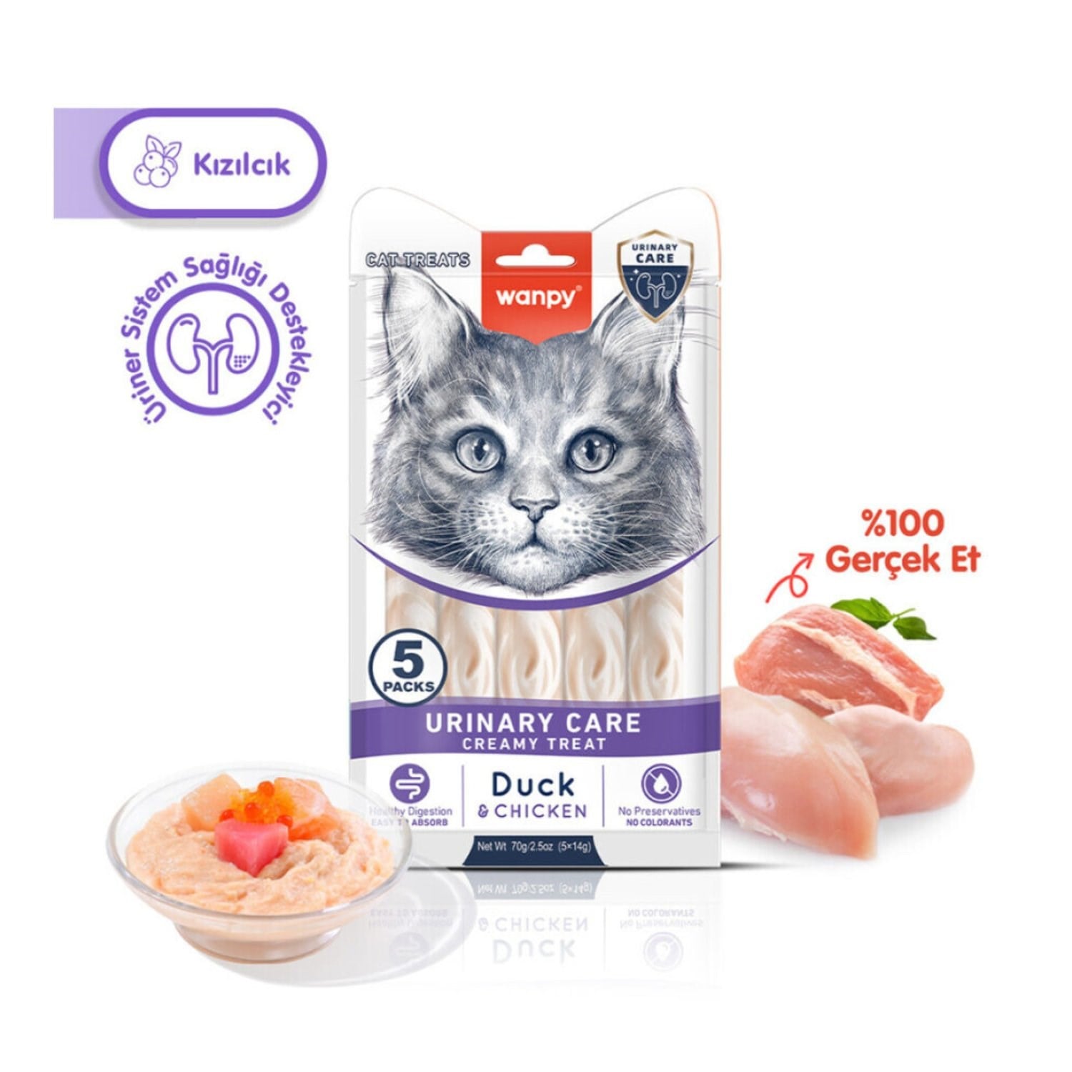 Wanpy Urinary Care Ördekli ve Tavuklu Üriner Sistem Desteği Krema Kedi Ödül Maması 14 Gr (5'li)