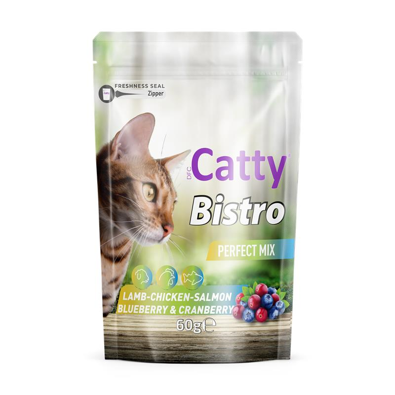 Catty Bistro Mükemmel Karışım Kuzu, Tavuk, Somon ,Y. Mersini, Kızılcıklı Kedi Ödül Maması 60 Gr