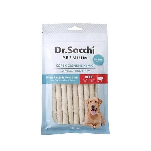 Dr.Sacchi Premium Sığır Etli Beyaz Sığır Derisi Burgu Çubuk Tahılsız Köpek Ödülü 5'' 15'li 110 Gr