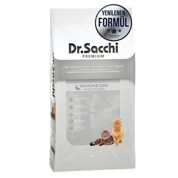 Dr.Sacchi Premium Düşük Tahıllı Somon ve Ton Balıklı Kısır Kedi Maması 10 Kg