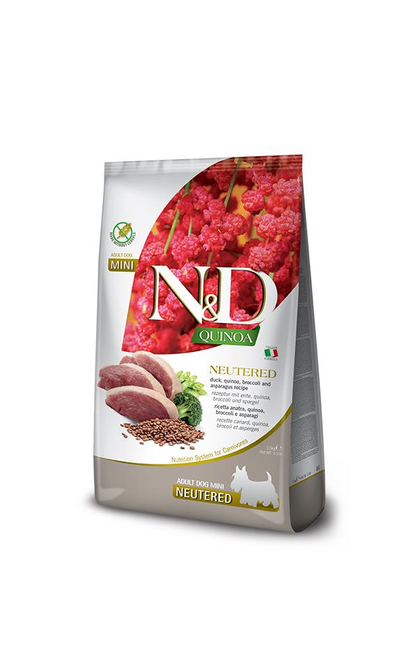 N&D Quinoa Ördek Brokoli Kuşkonmaz Kısırlaştırılmış Mini Irk Yetişkin Köpek Maması 2,5 Kg