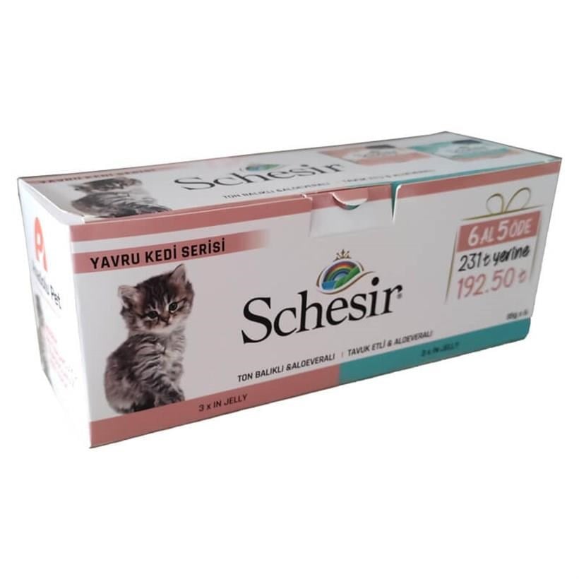 Schesir Yavru Kedi Serisi 6 Al 5 Öde (Ton Balıklı & Aloeveralı ve Tavuk Etli & Aloeveralı) 85 Gr x 6 Adet