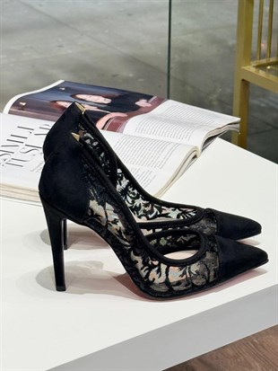 Leano Siyah Süet Dantel 10 cm Stiletto
